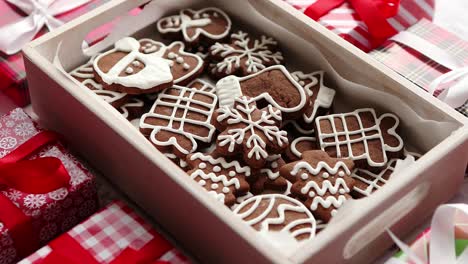 Delicious-fresh-Christmas-decorated-gingerbread-cookies-placed-in-wooden-crate