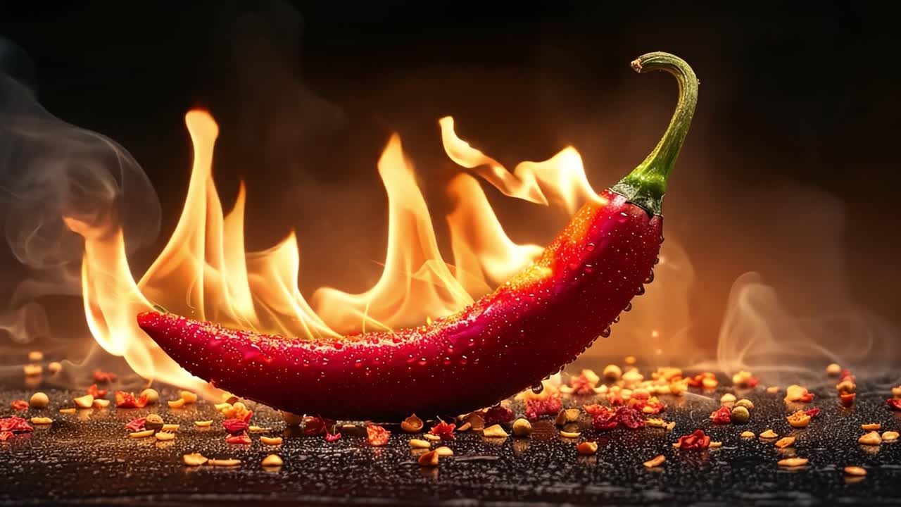 Fiery Red Chili Pepper with Flames