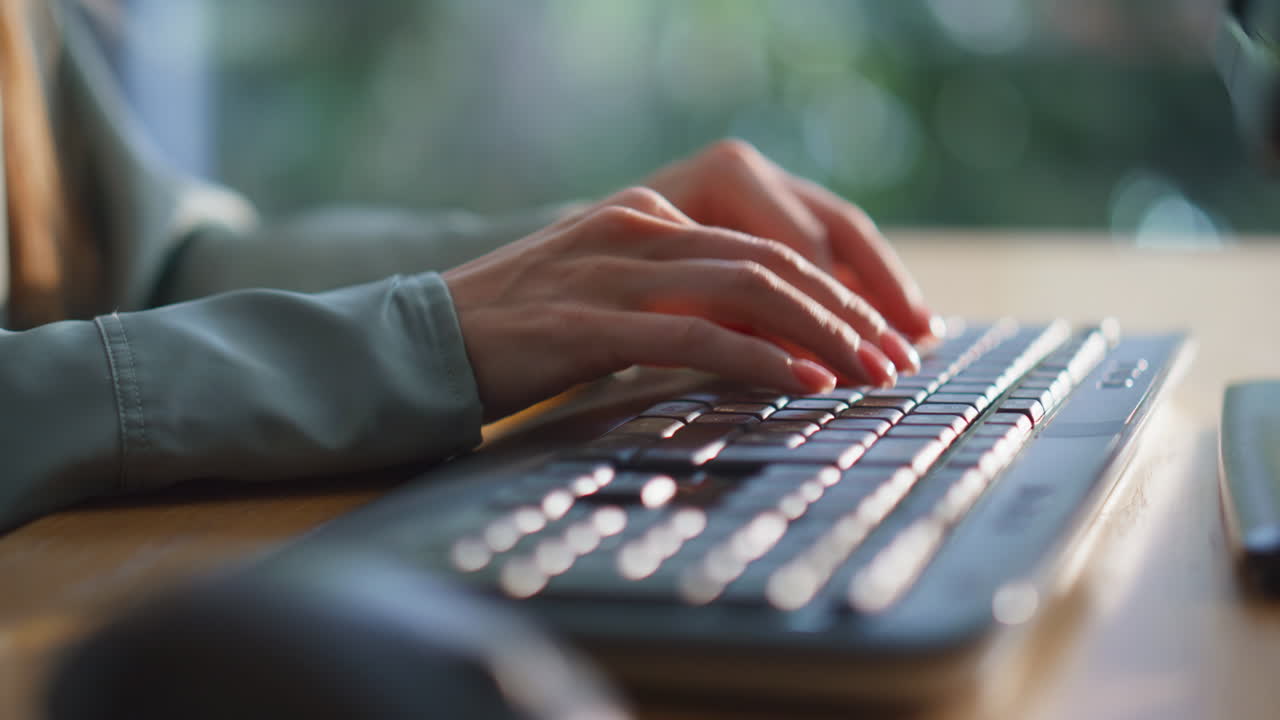 Businesswoman hands typing keyboard at office desk closeup. Unrecognizable woman