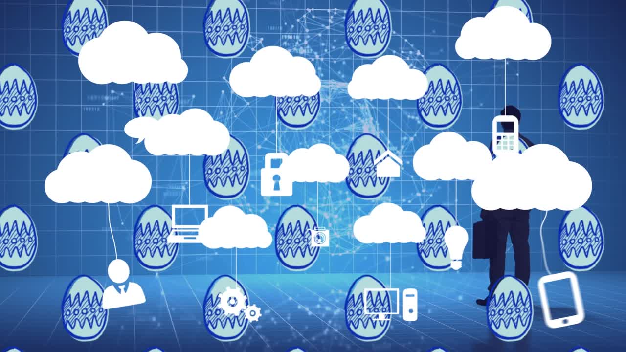 Animation of easter eggs, digital clouds with electronic devices over data processing