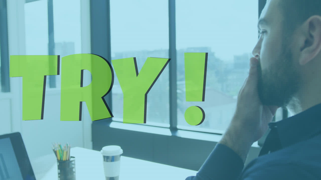 코카시안 사업가에 대한 텍스트를 시도하는 애니메이션