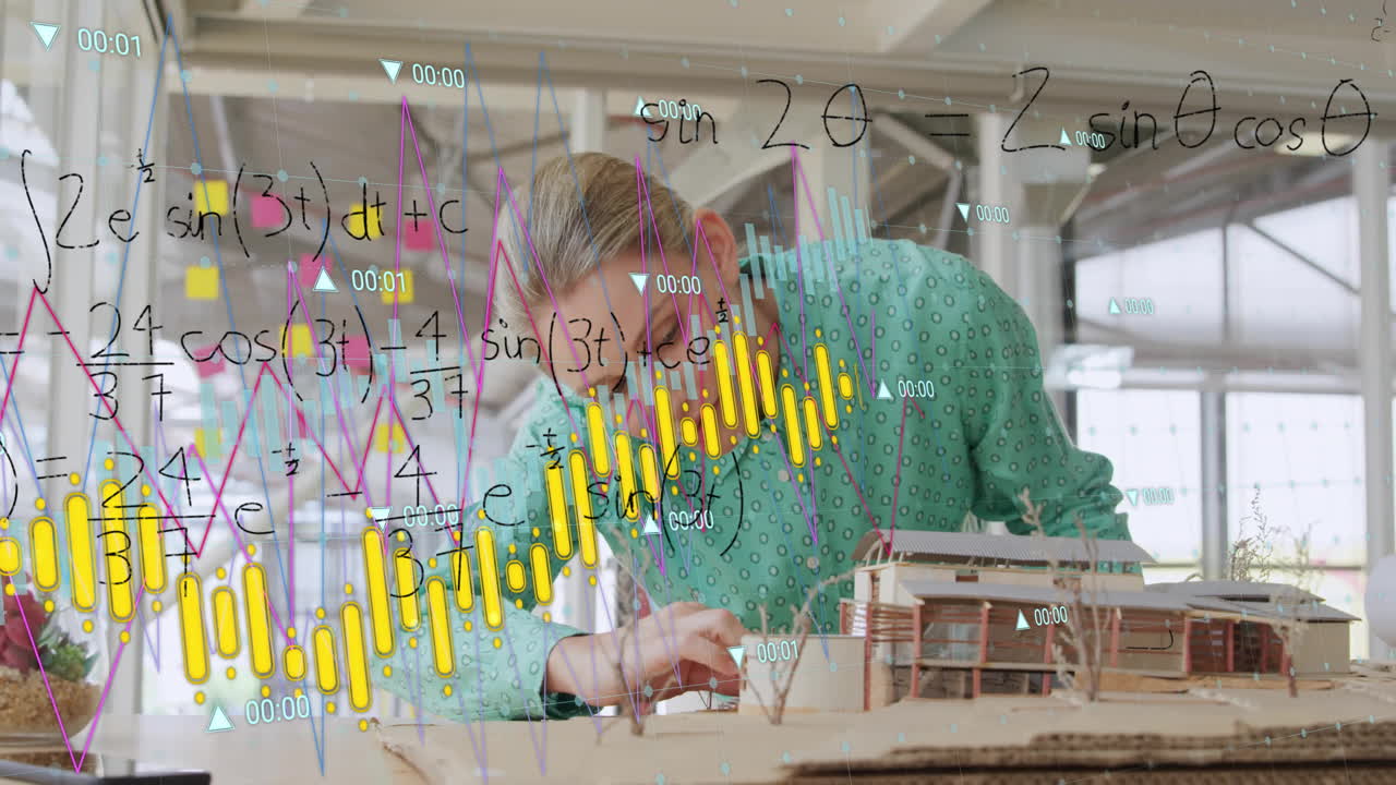 animación de ecuaciones matemáticas y procesamiento de datos financieros sobre arquitecta caucásica