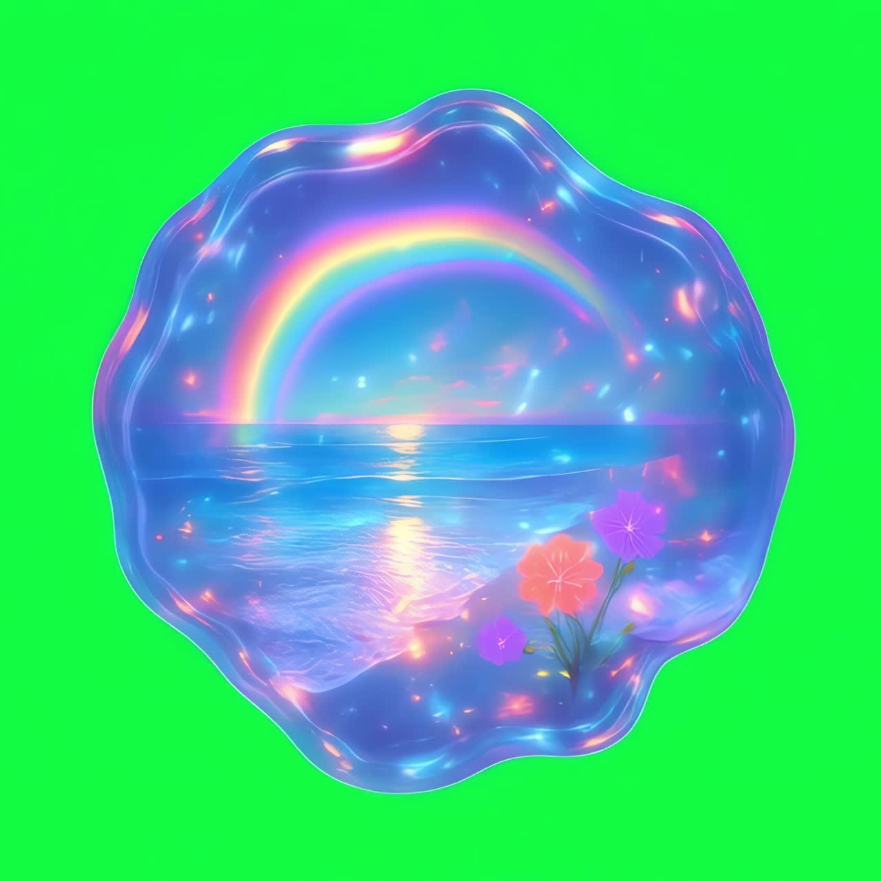 Dreamy holographic ocean scene animation isolated asset, transparent 4K video, alpha channel, ProRes
