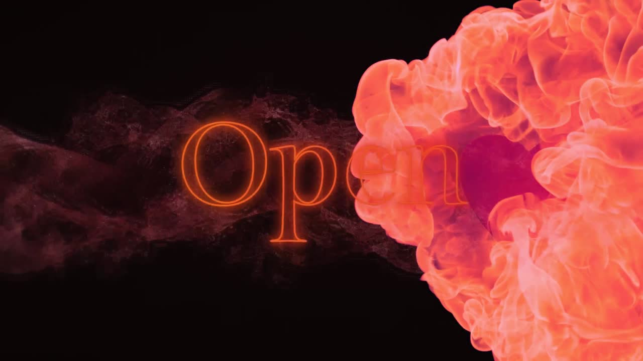 검은 바탕에 불 위에  ⁇ 은 네온으로 열린 텍스트의 애니메이션