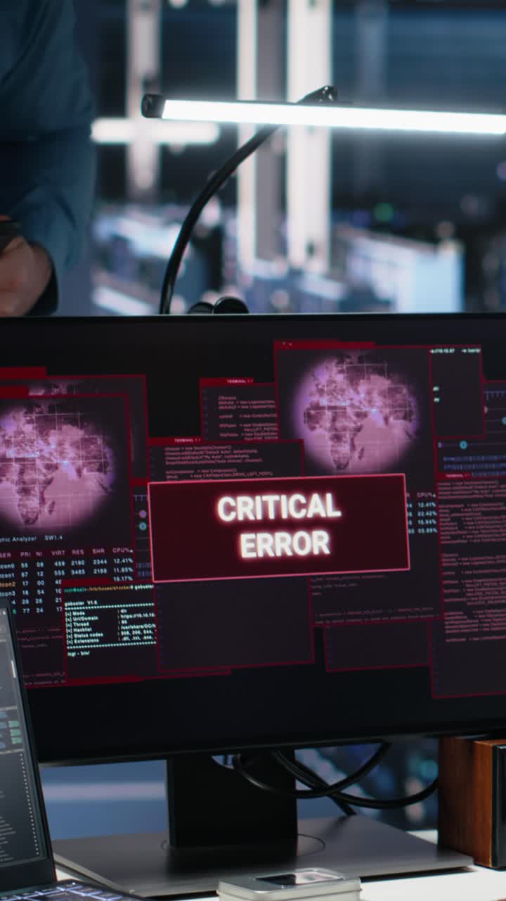 Vertical video System administrators in data center struggle with computer bugs while using AI