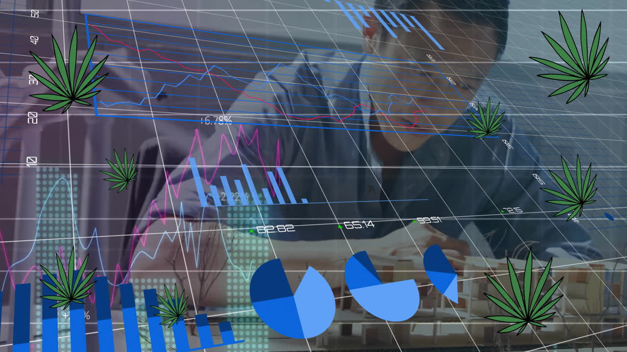 animación de hojas y procesamiento de datos financieros sobre arquitecto masculino asiático