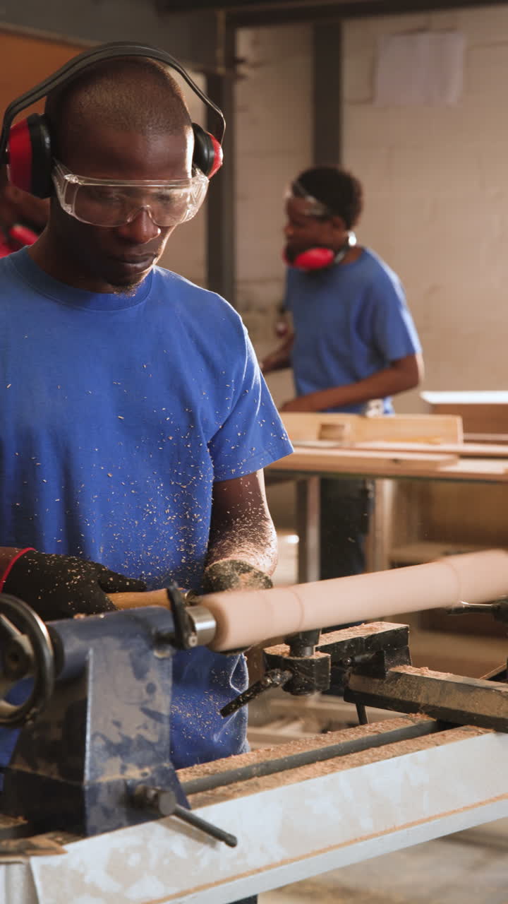 Vertical video: African American man student carving spindle on lathe using mentor tip for accuracy