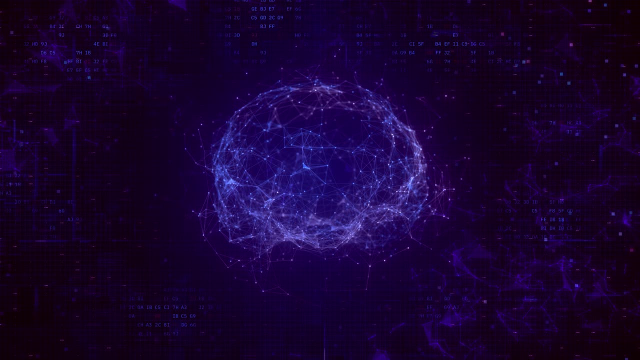 Rotating Futuristic Plexus Brain with Glowing Effects on Digital Data Background