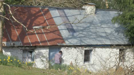 man walking out of corrugated irish cottage
