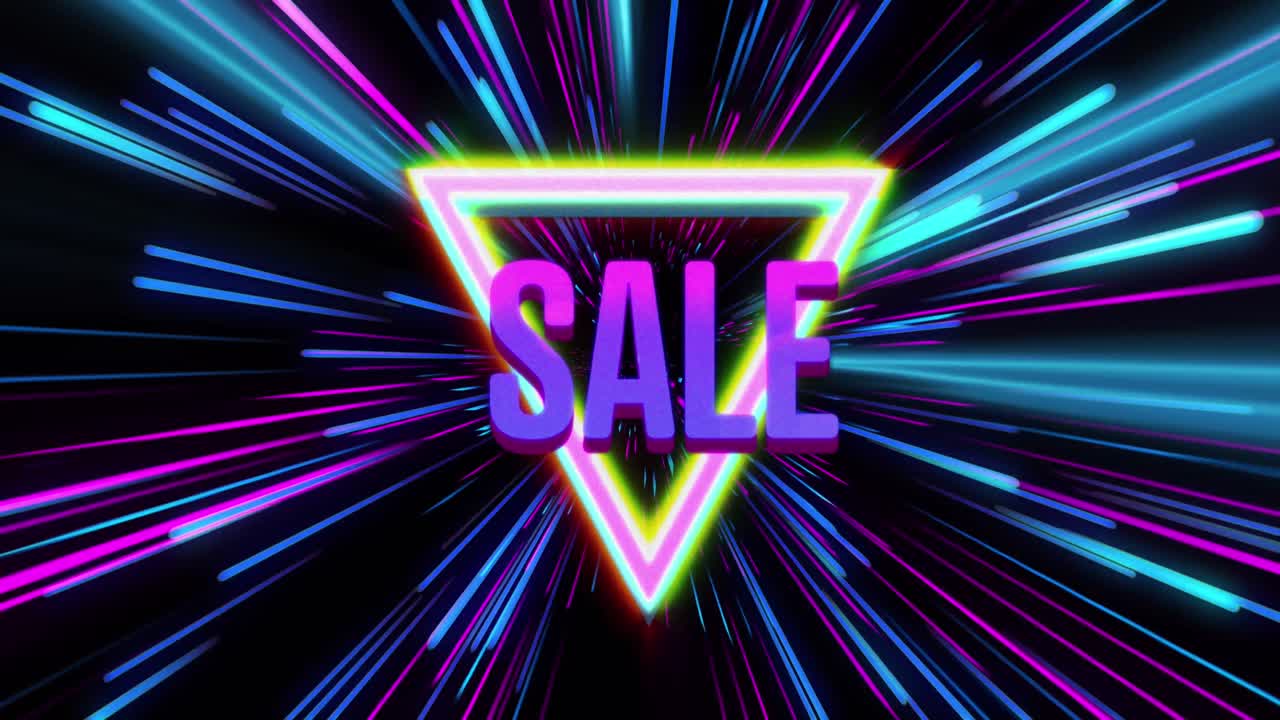 분홍색과 파란색 네온 빛 트레일 위에 판매 텍스트의 애니메이션