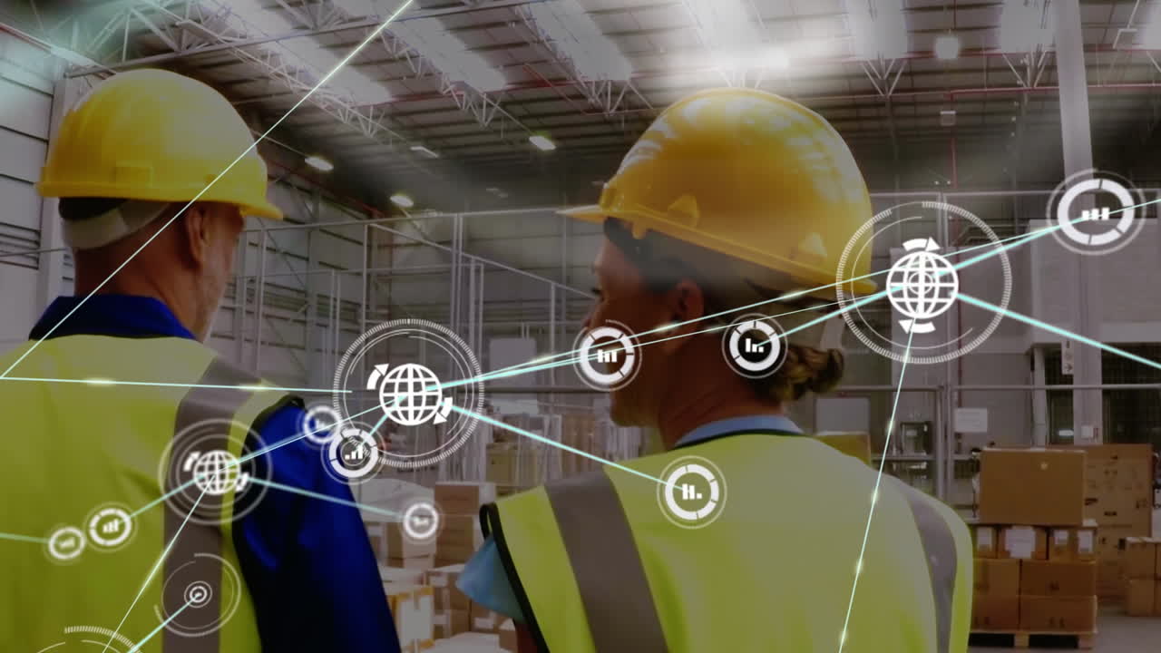 animación de la red de conexiones con iconos sobre los hombres que trabajan en el almacén