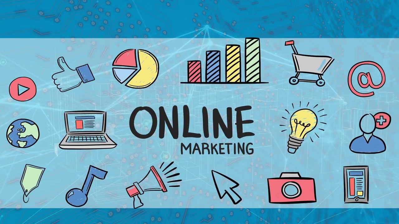 Animazione di marketing online e icone su connessioni su sfondo blu