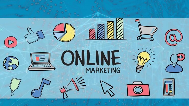 Animazione di marketing online e icone su connessioni su sfondo blu