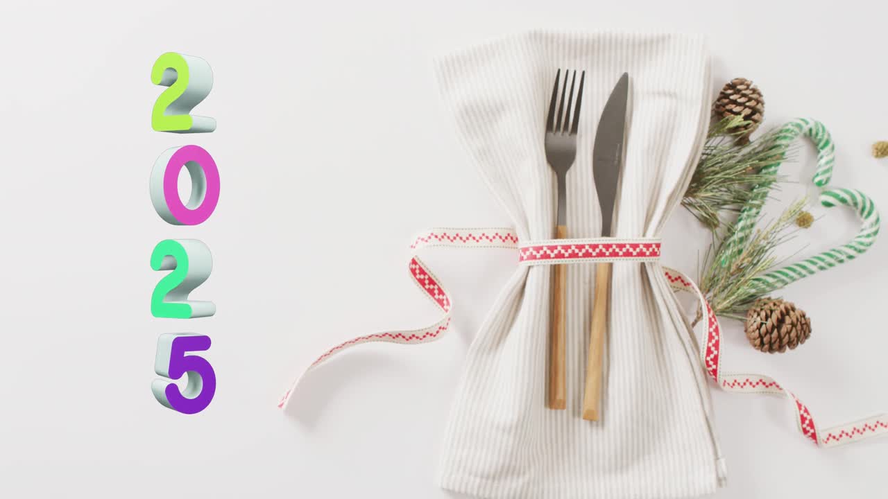 animación del texto de 2025 y la configuración del lugar de navidad en el fondo.