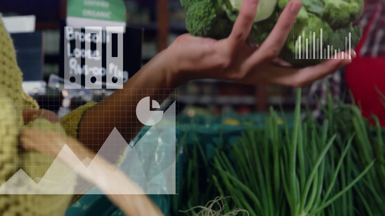 Holding broccoli, person in grocery store with data analysis animation overlay