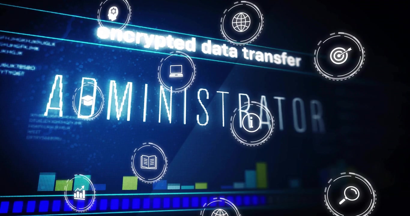 Digital UI loading icons fading and orbiting admin text with scrolling encrypted data transfer