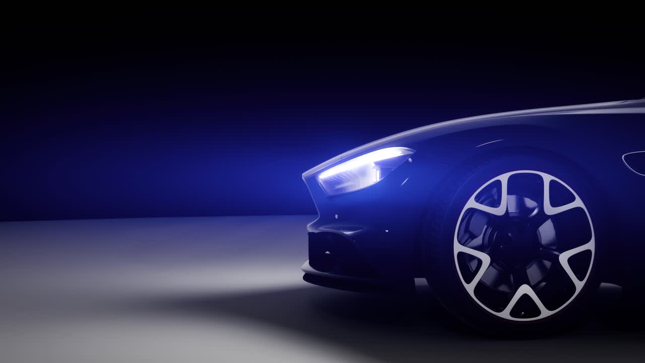 Auto moderna con fari blu luminosi in uno studio buio