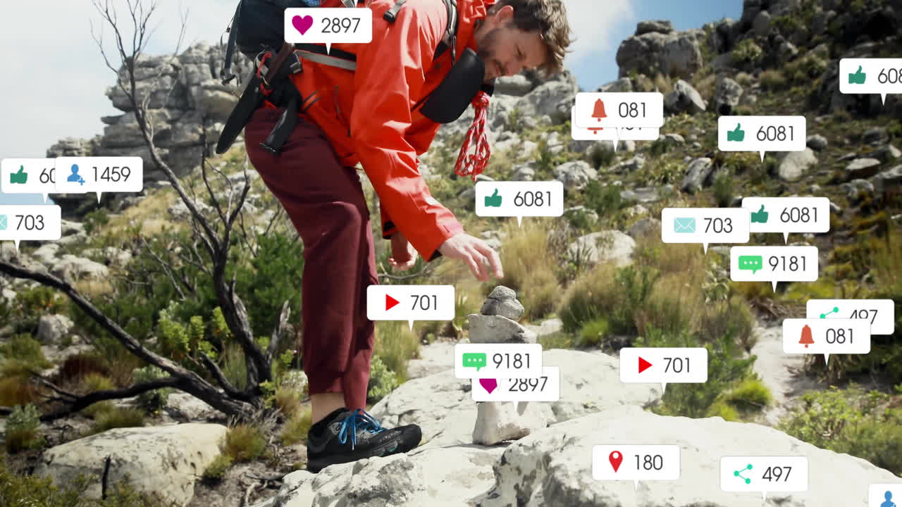 Stacking rocks on hike, man surrounded by social media likes animation