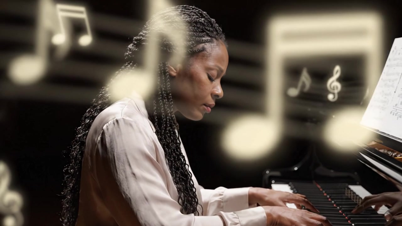 A Talented Pianist in a Moment of Musical Inspiration, Expressing Emotions Through Her Skillful Performance at the Piano, Surrounded by Floating Notes of Melody