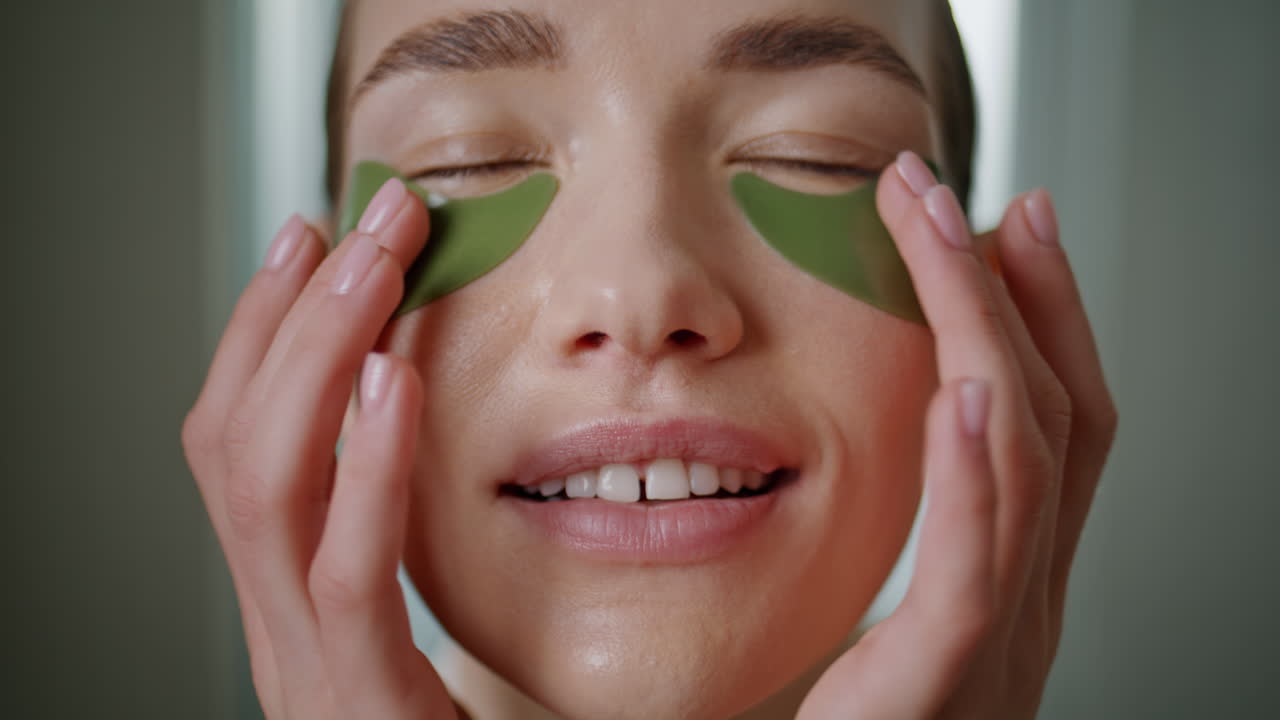 Happy girl applying patches on face closeup. model doing spa routine