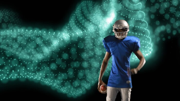 Animazione di una rete di particelle luminose su un giocatore di football americano maschio che tiene la palla