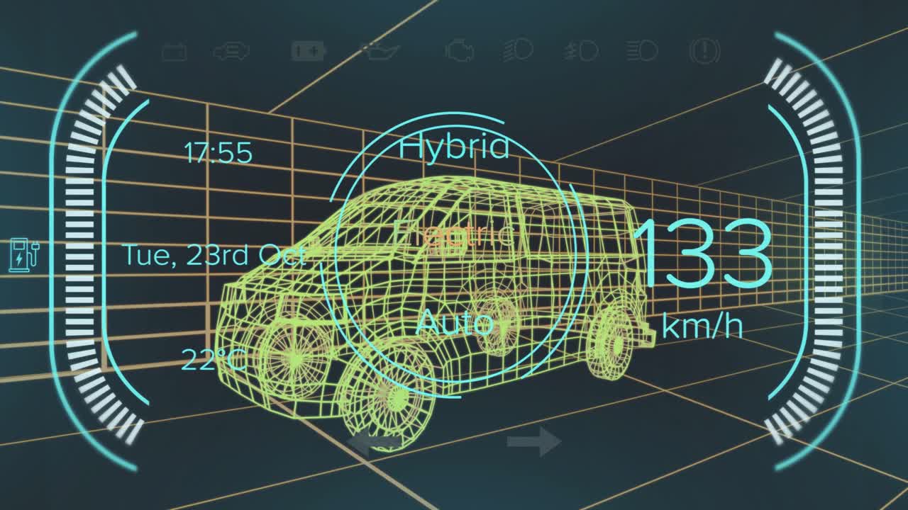 하이브리드 차량 인터페이스의 속도계 및 전력 상태 데이터의 애니메이션, 3d 밴 모델 이상