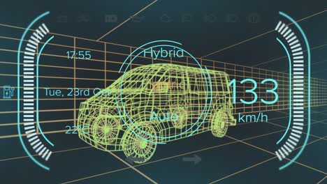 Animation-Von-Tachometer--Und-Leistungsstatusdaten-Auf-Der-Schnittstelle-Eines-Hybridfahrzeugs-über-Einem-3D-Transportermodell