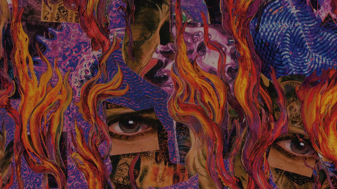 Flames rising from bottom, engulfing layered face collage in digital animation swirling embers