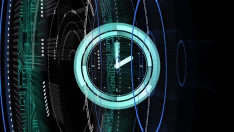 animación digital del reloj de neón haciendo tic-tac sobre escáneres redondos de neón sobre fondo negro