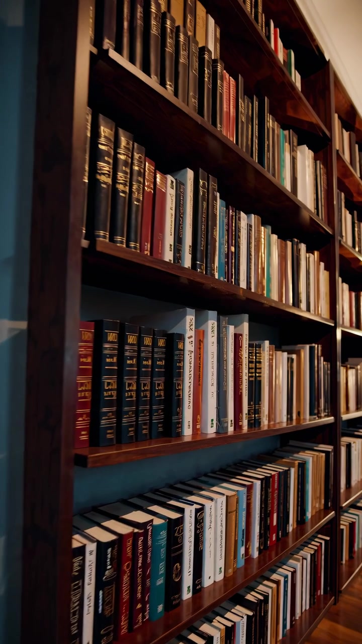 Camera Panning Across a Large Wooden Bookshelf in a Library