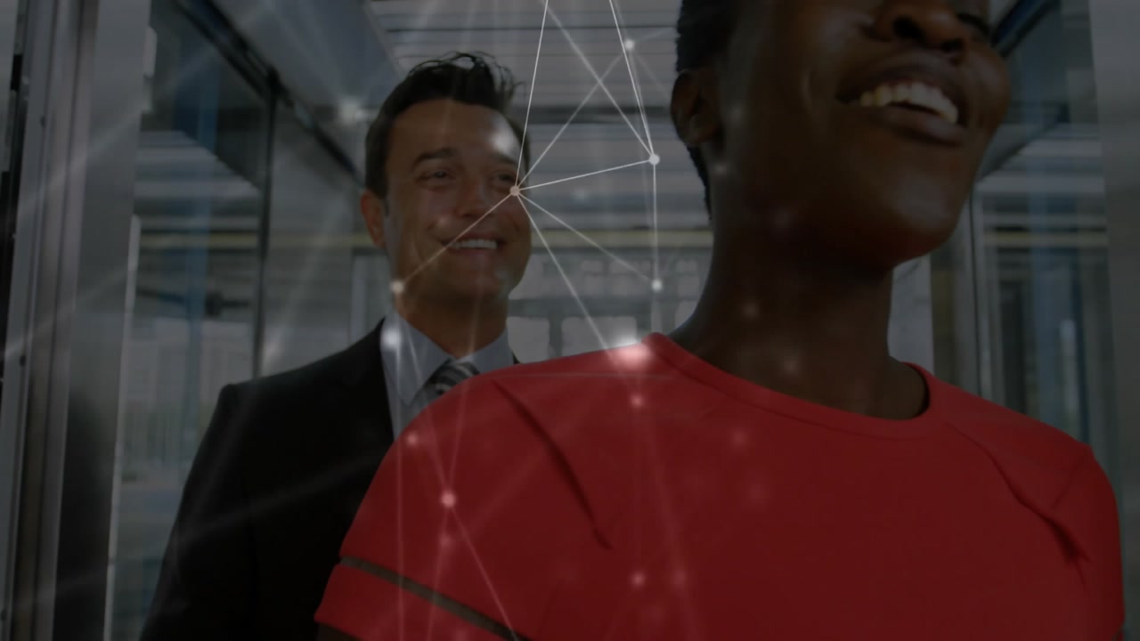 Female lead stepping activating network overlay in tech glass corridor guiding coworker toward exit