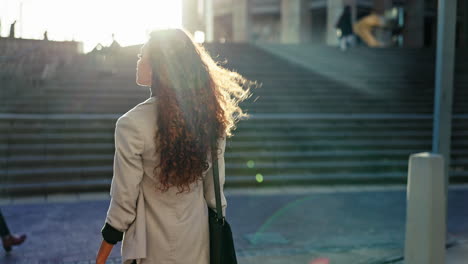 Walking,-city-and-back-of-business-woman