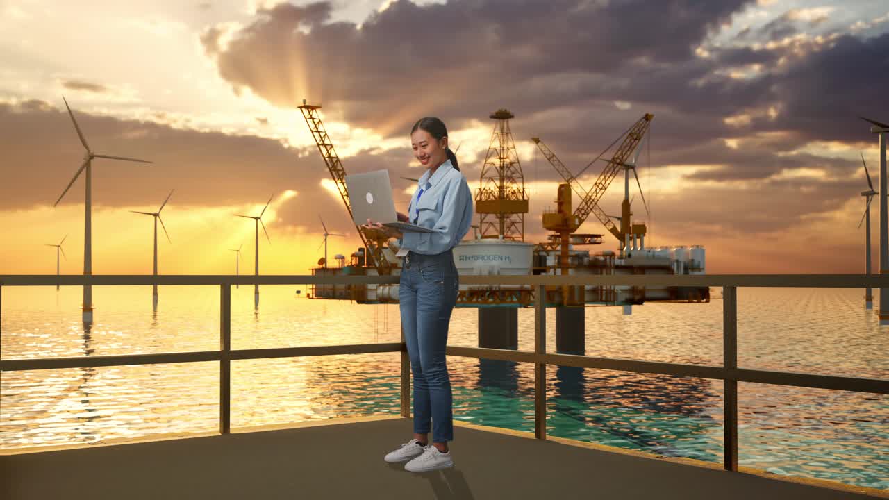 아시아 여성 직업 노동자가 해상 수소 생산, 첨단 산업 시설, 그녀의 노트북의 키보드에 명상으로 타이핑하는 그녀의 노트과 함께 서있는 전체 몸 측면 뷰