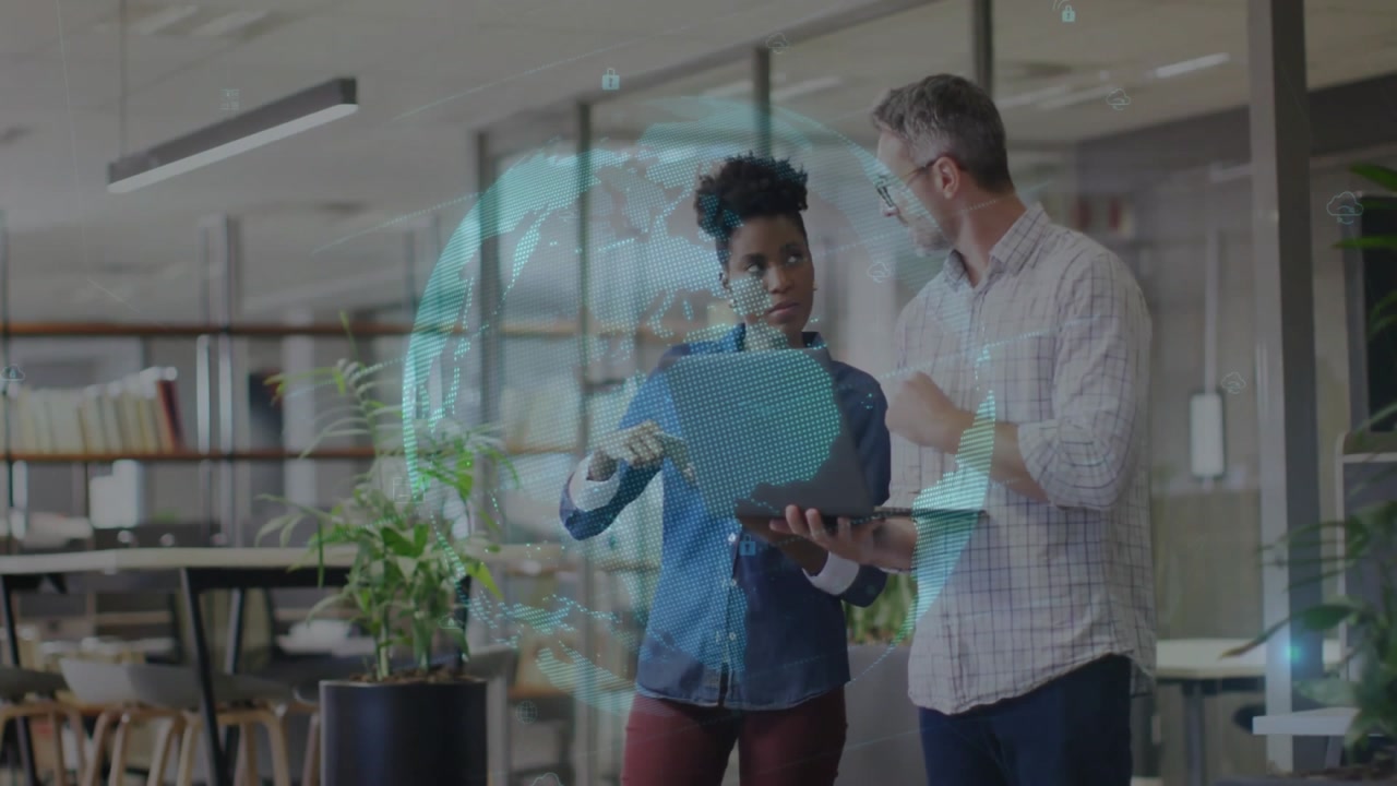 Analyst touching pad starting globe hologram, tech consultant reviewing data guiding project plan