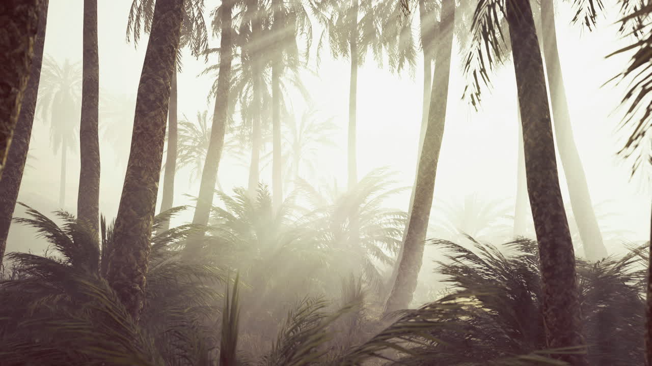 Misty morning in a tropical forest with palm trees and dense vegetation