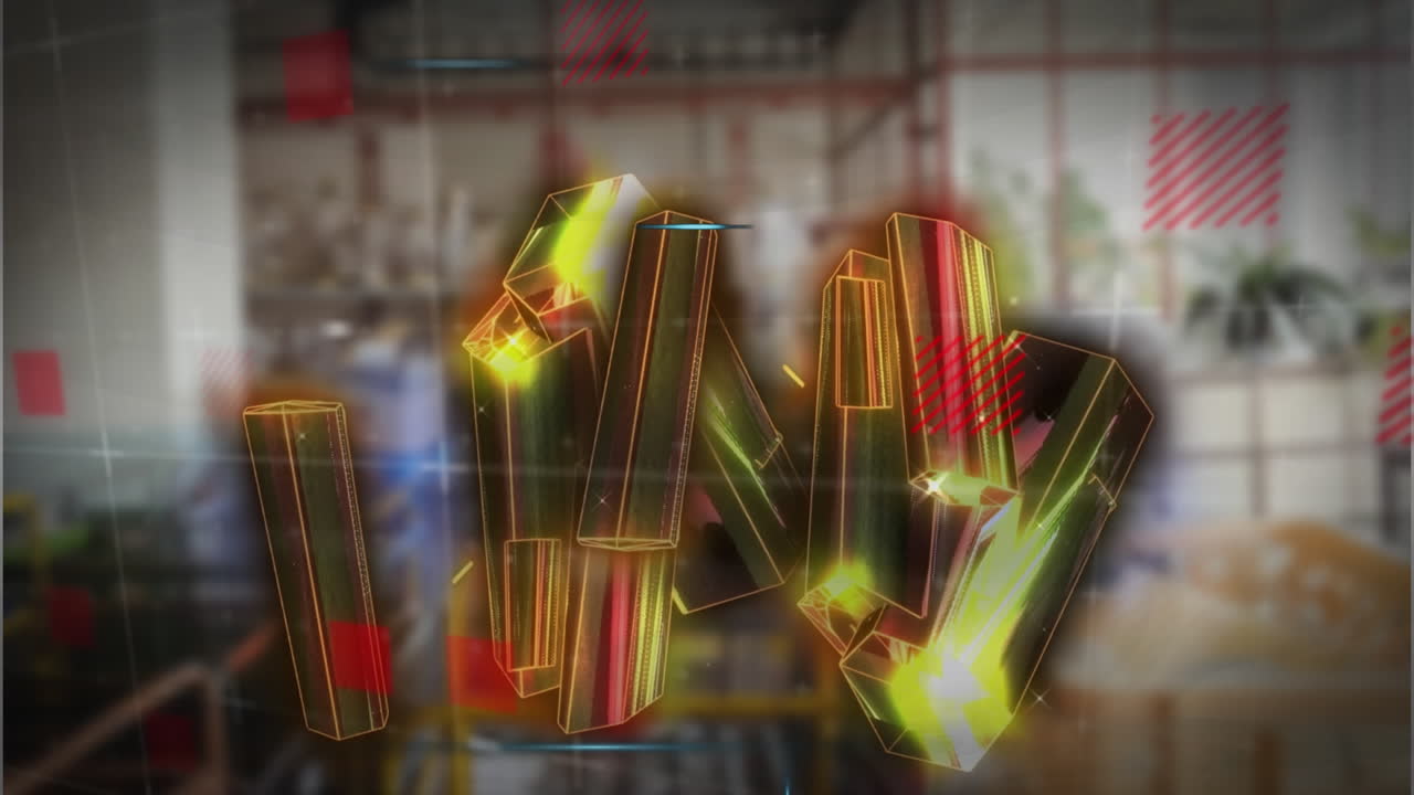 Animation of light trails and crystals over warehouse