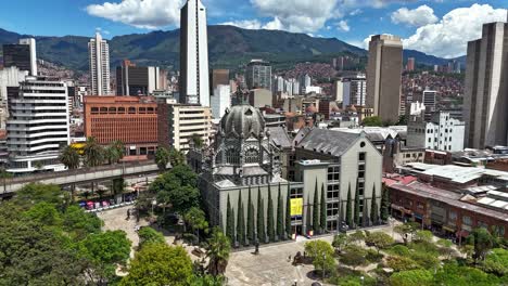 rafael uribe uribe palace of culture in downtown medellin, aerial hyperlapse