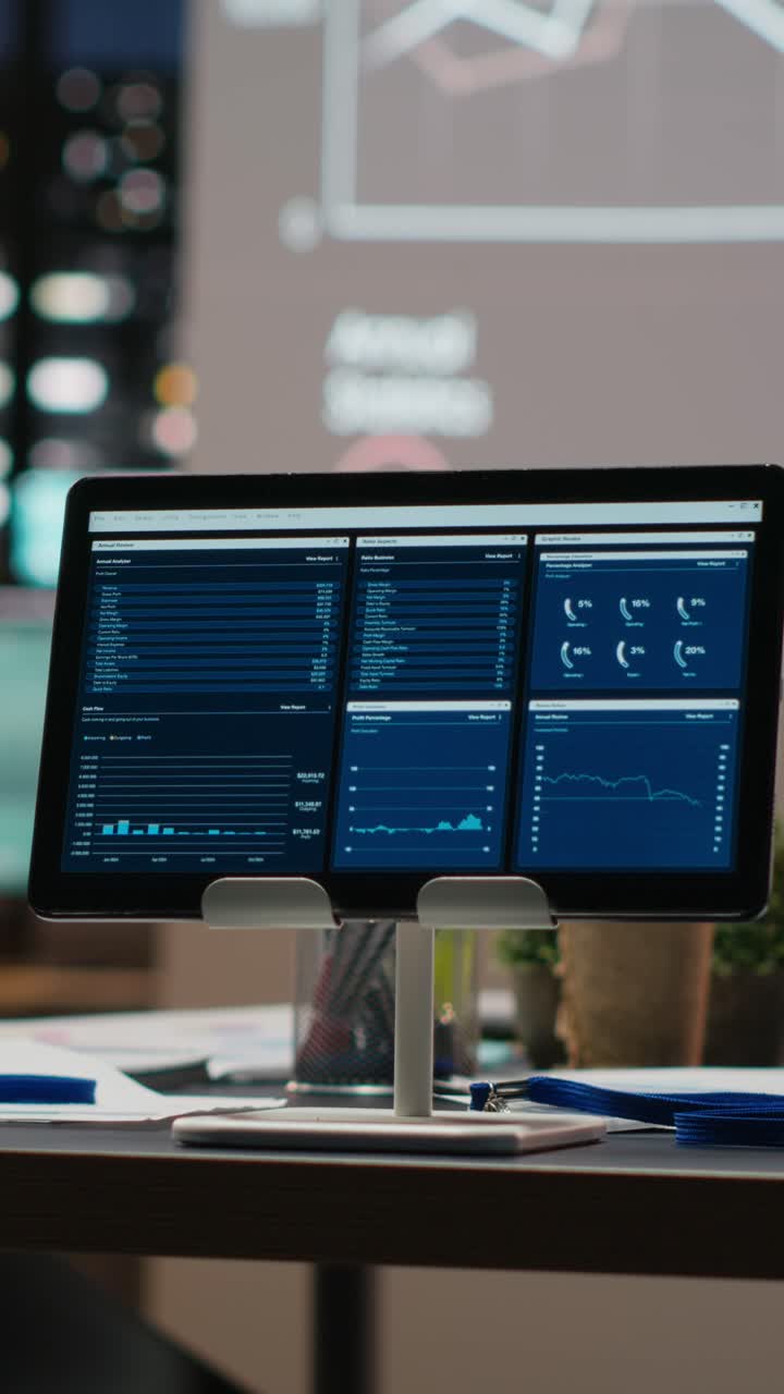 Vertical Video Empty space in a multinational company showcases data insights late at night