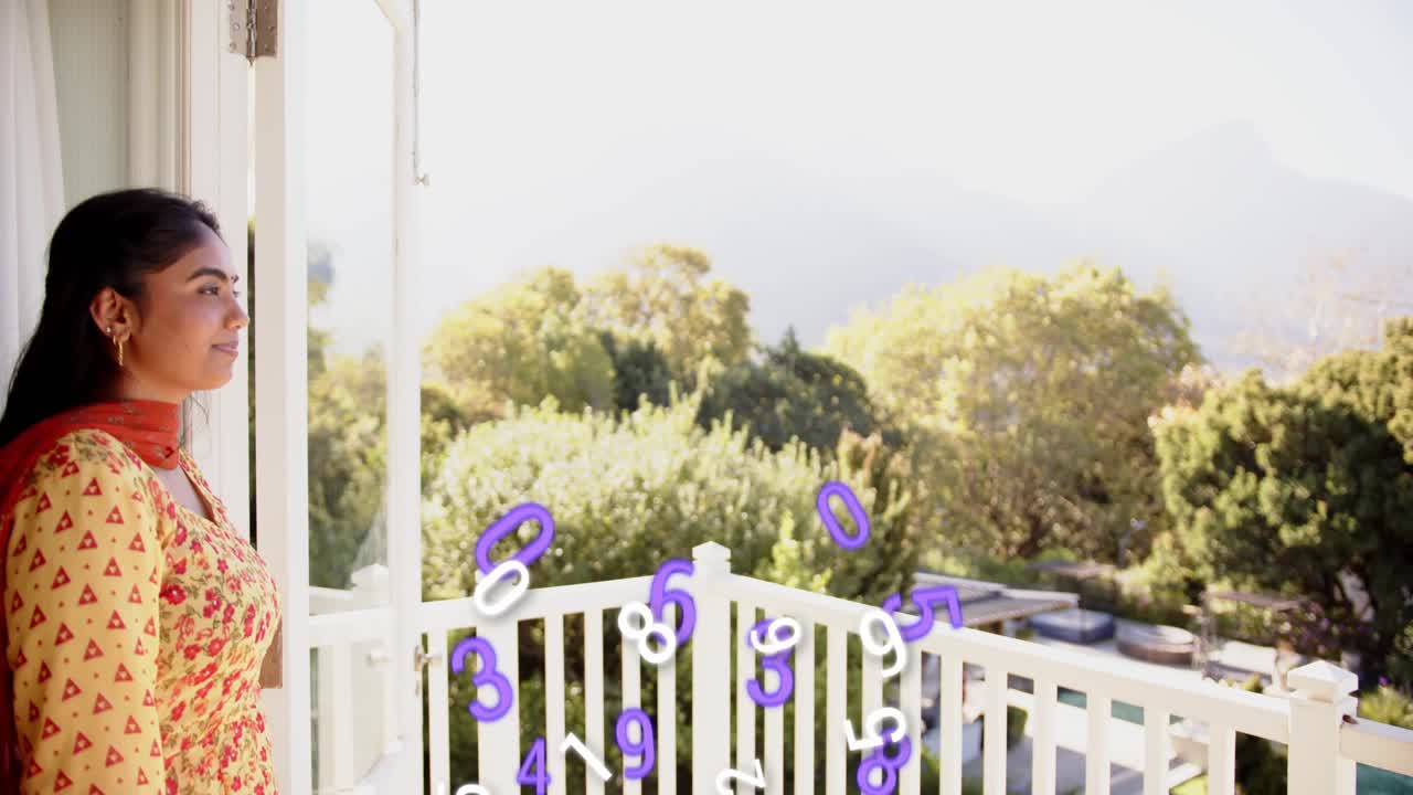 Woman standing in doorway watching numerals appearing then rising above railing and showing data