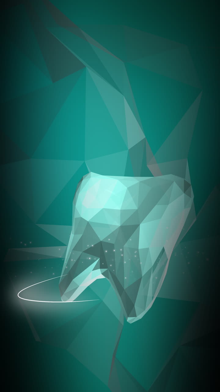 Green dental background with polygonal 3D rotating tooth model. Protection net with small shining particles. Looped animation. Vertical video.