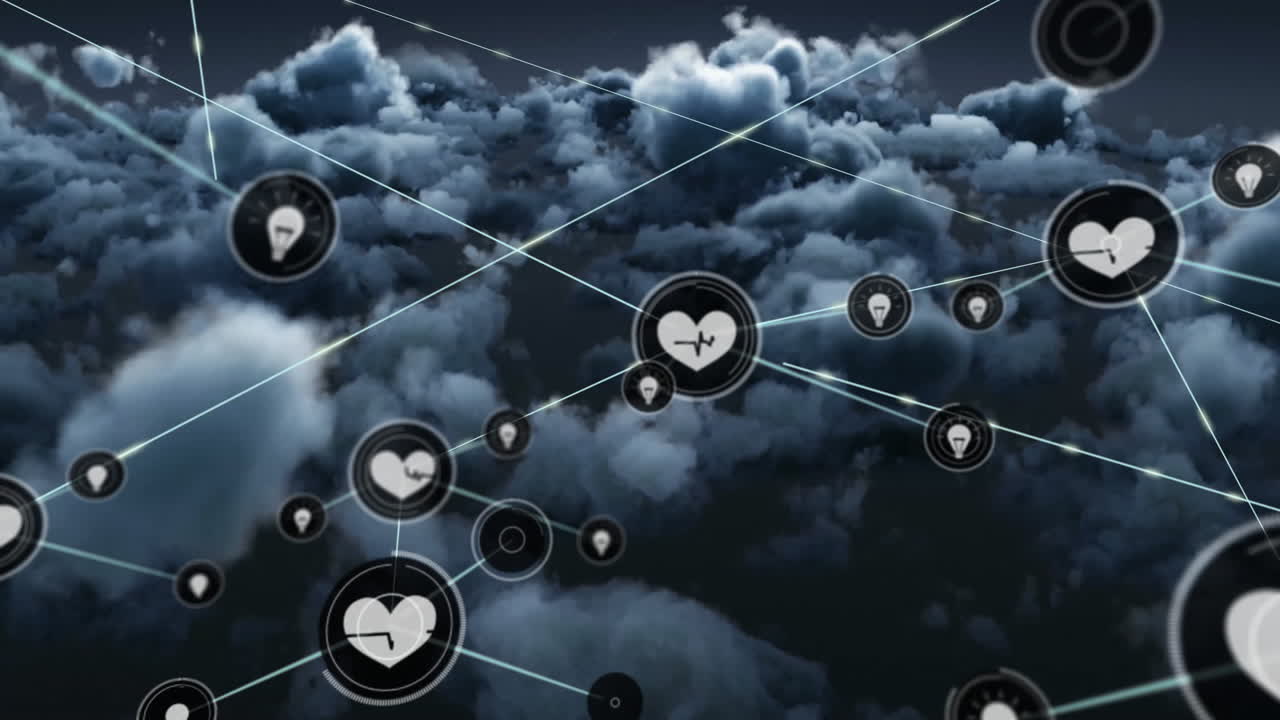 animación de la red de conexiones con iconos sobre nubes