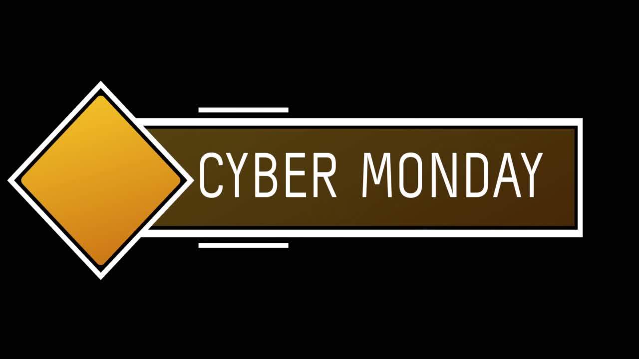 texto blanco y naranja de cyber monday que aparece contra una pantalla negra