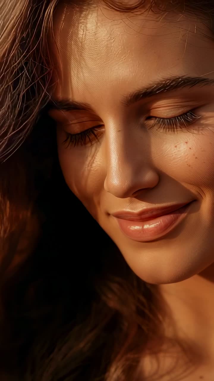 Video verticale: donna sorridente che si tocca i capelli e guarda la luce calda in un ritratto ravvicinato, lentiggini