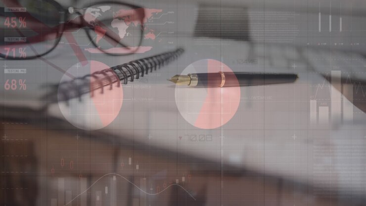 Animation of statistical data processing over close up of a pen, glasses and diary on office table