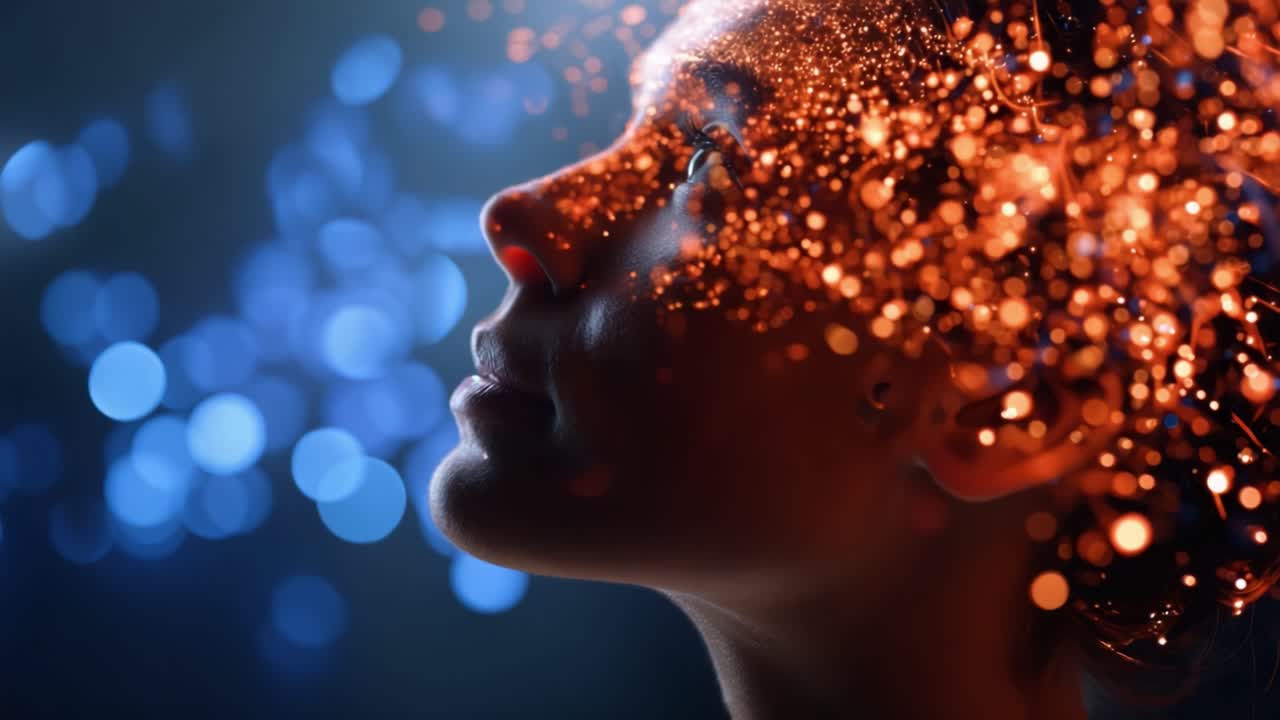 A Woman's Profile Illuminated by Ethereal Lights, Capturing the Essence of Imagination and Creativity through Sparkling Particles and Dreamy Atmosphere