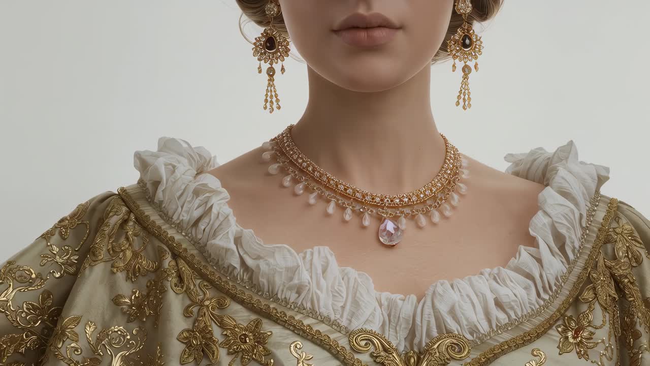 Pulling camera back, model holding pose in studio, showcasing gold necklace and embroidered gown