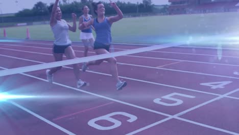 animation of group of happy diverse female runners running over light spots