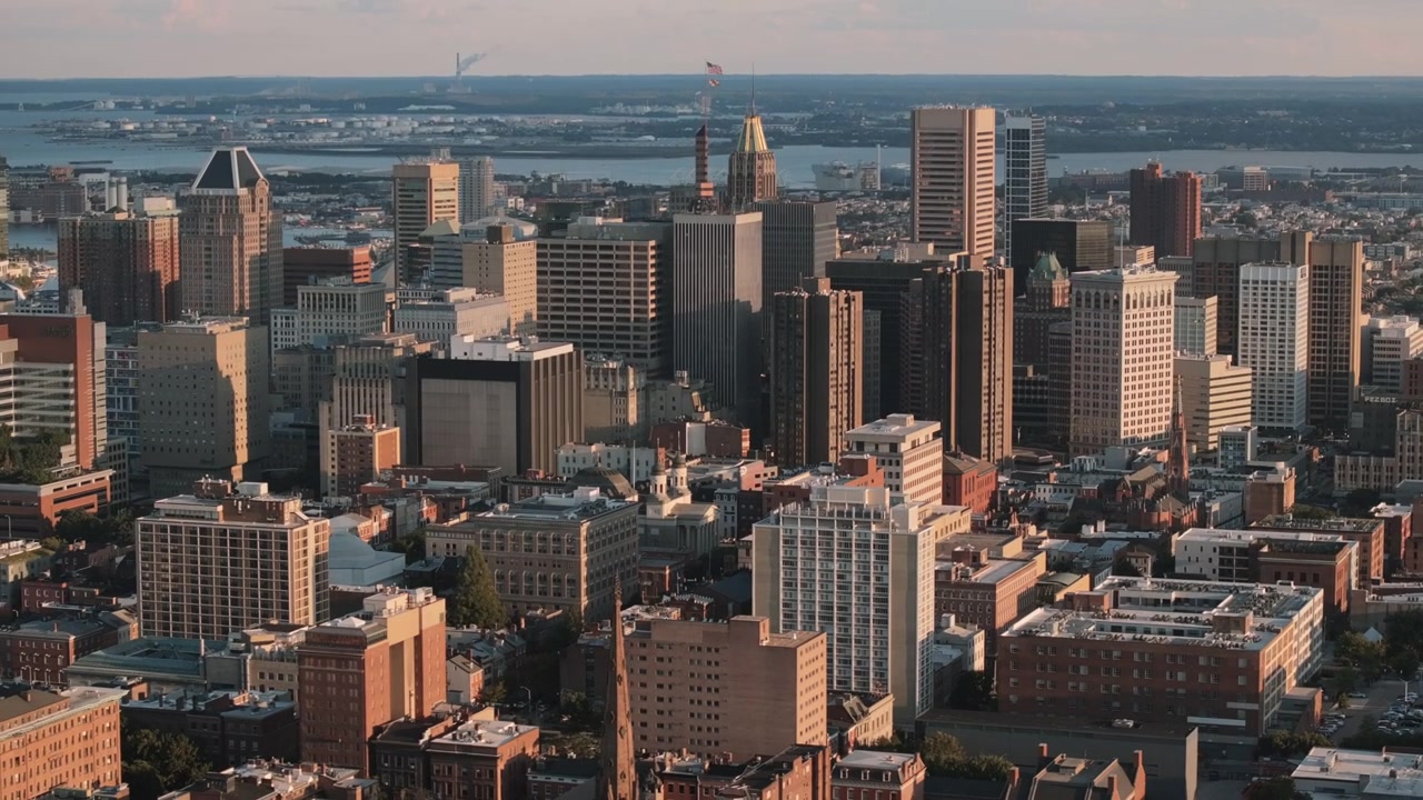 Establishing shot of Baltimore, Maryland at sunset