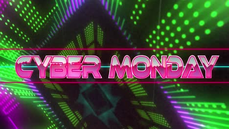 Animación-Del-Banner-De-Texto-Del-Cyber-Monday-Contra-Formas-Abstractas-De-Neón-En-Un-Patrón-Sin-Costuras