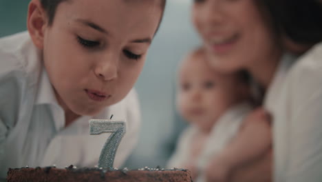 Boy-blowing-candle-on-birthday-cake-at-family-party.-Happy-birthday-party